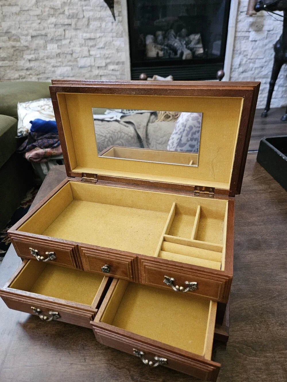 Musical Jewelry Box, Toyo Japan Oak Yellow Velvet Padding Carved Wood 1930's